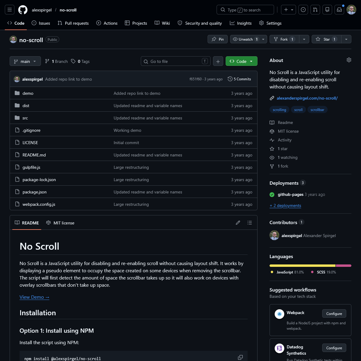 No Scroll github repository website